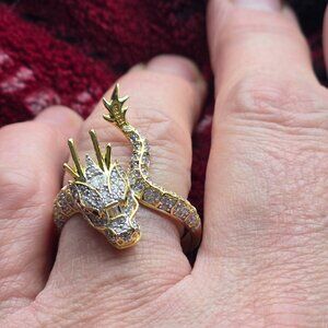 GOTH WEDDING FAIRY 14K TWO TONE GOLD OVER SILVER DRAGON COCKTAIL RING 9 NWOT